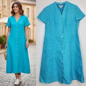 Vintage Talbots petite 16 irish linen midi a line dress blue button short sleeve